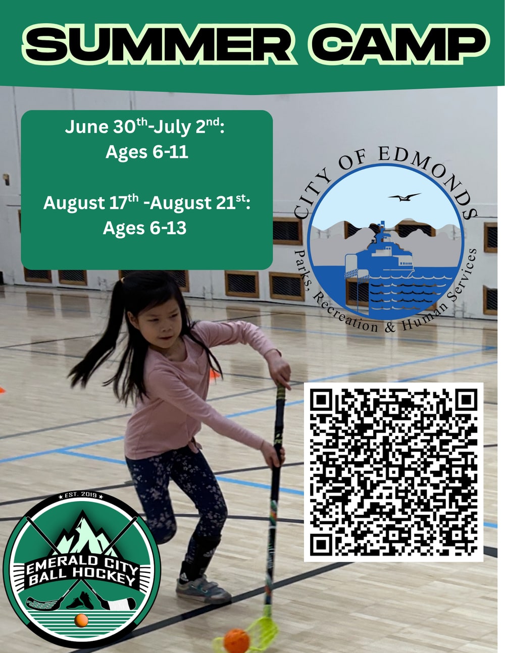 ECBH Summer Camp flyer: June 30-July 2 (ages 6-11) and August 17-21 (ages 6-13) at Frances Anderson Center, Edmonds