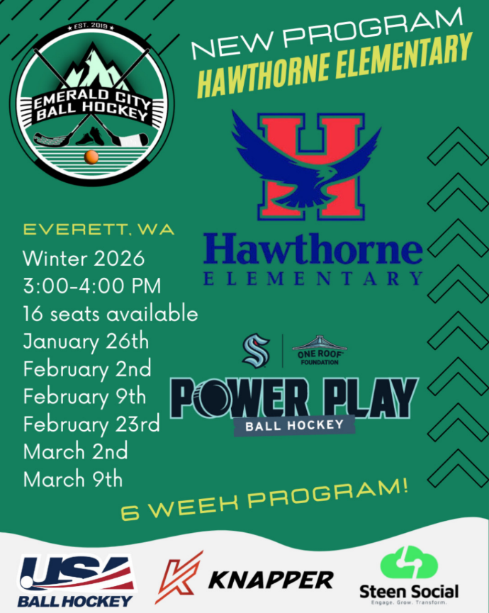 Emerald City Ball Hockey partnership with Hawthorne Elementary